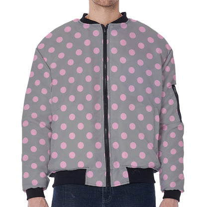 Grey And Pink Polka Dot Pattern Print Zip Sleeve Bomber Jacket
