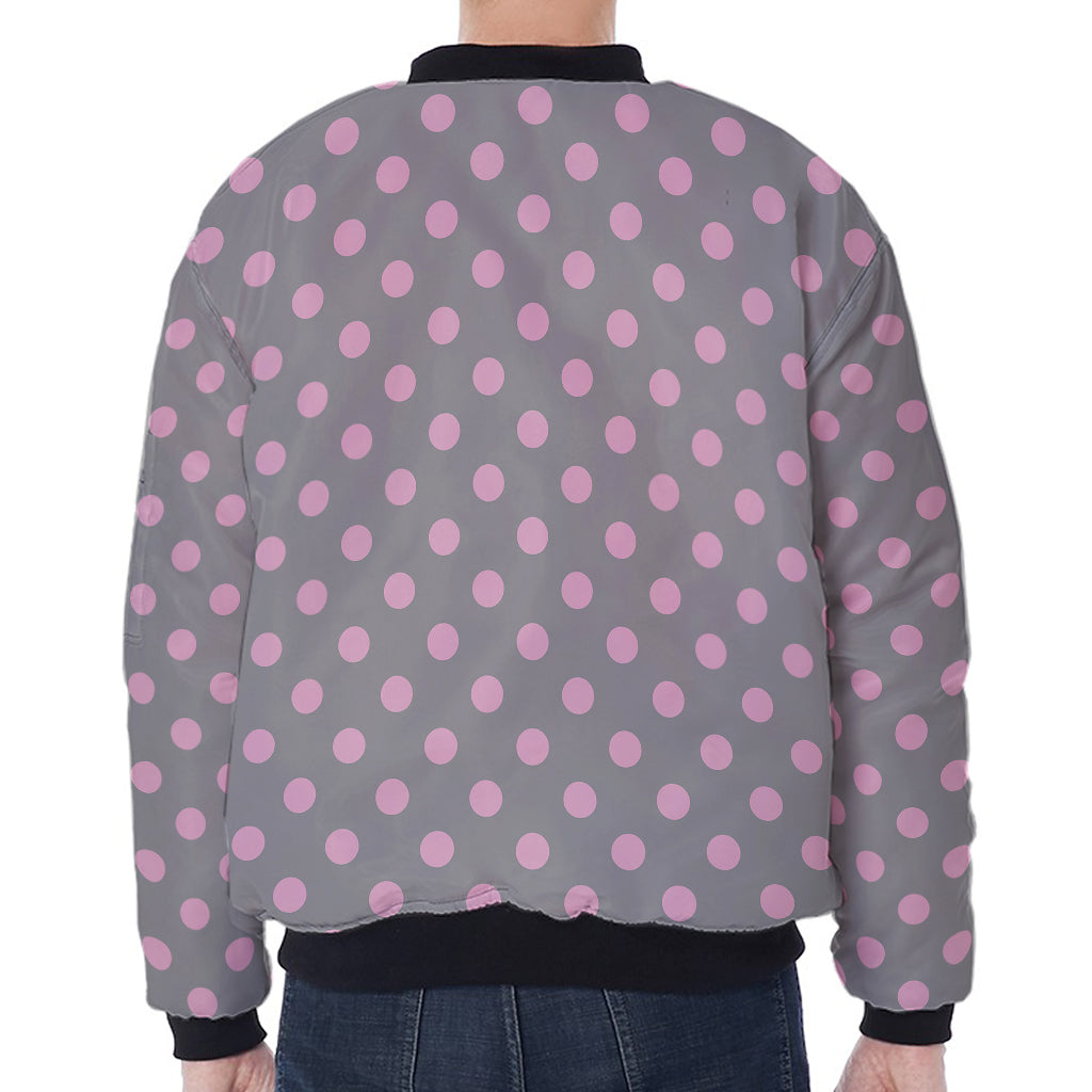 Grey And Pink Polka Dot Pattern Print Zip Sleeve Bomber Jacket