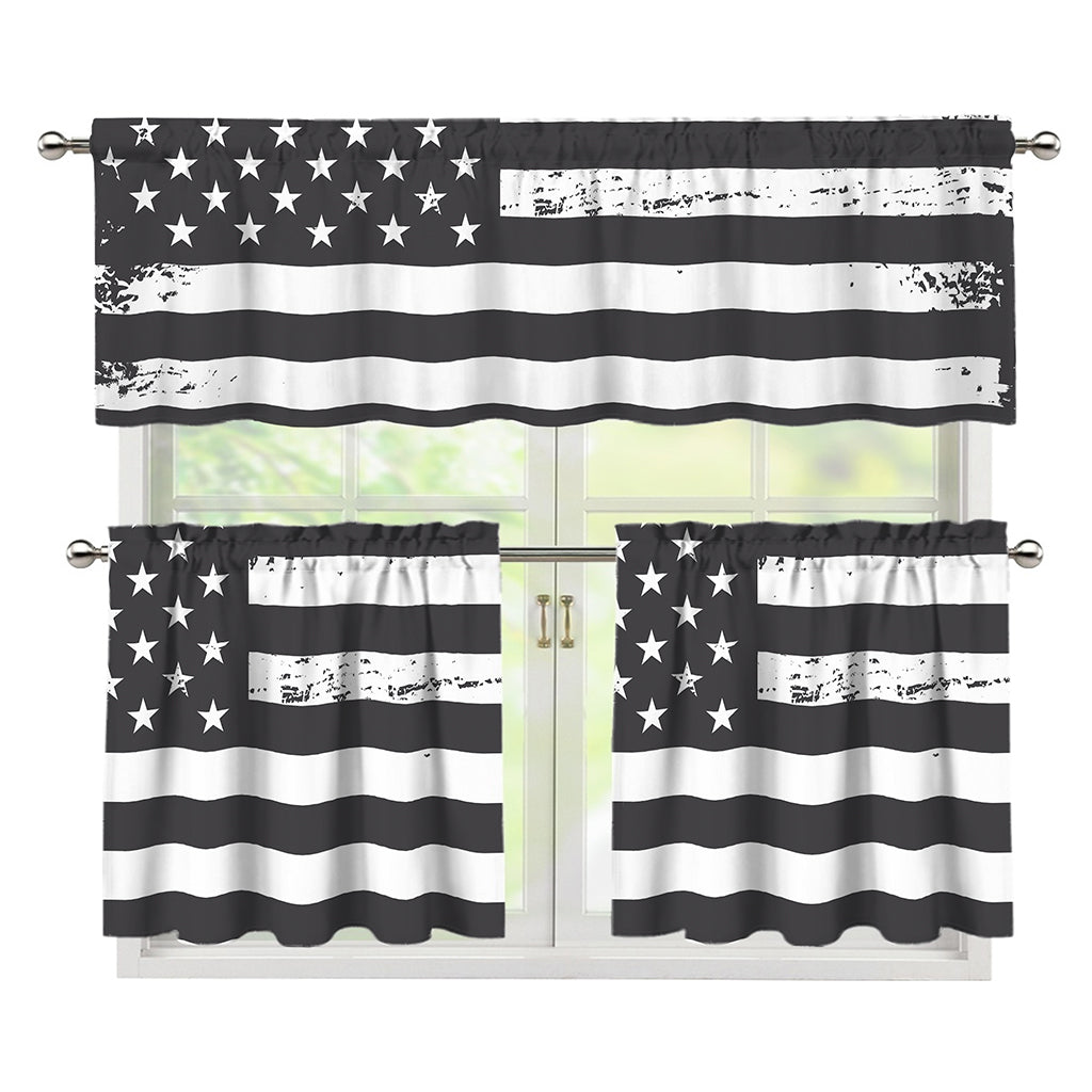 Grey And White American Flag Print 3 Piece Kitchen Curtains
