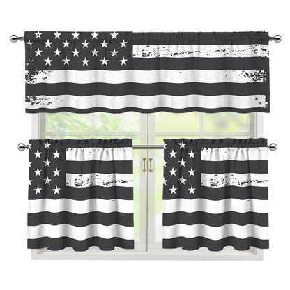 Grey And White American Flag Print 3 Piece Kitchen Curtains