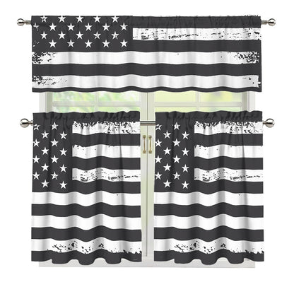 Grey And White American Flag Print 3 Piece Kitchen Curtains