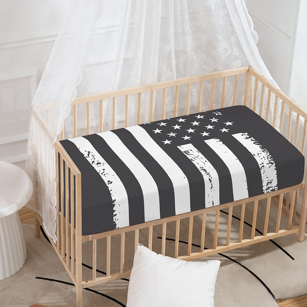 Grey And White American Flag Print Baby Crib Sheet