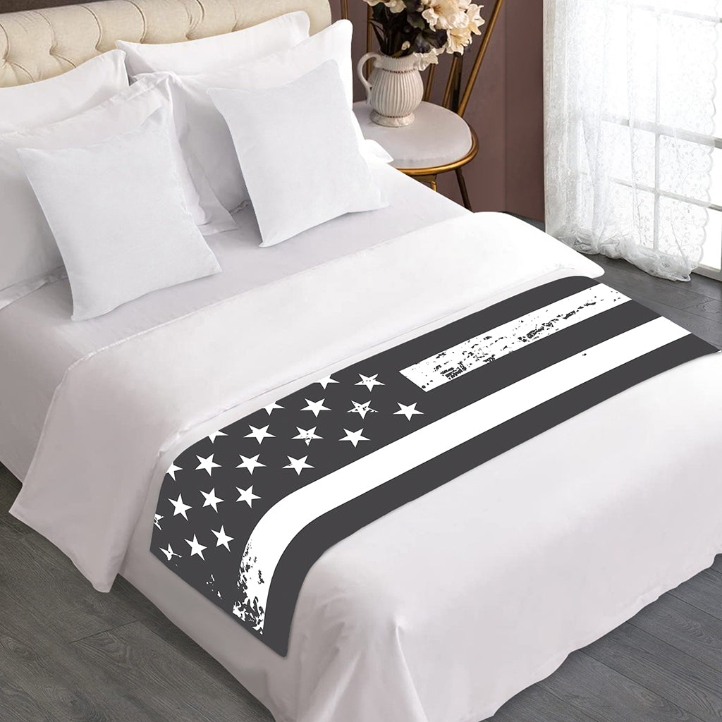 Grey And White American Flag Print Bed Runner