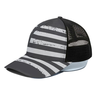 Grey And White American Flag Print Black Mesh Trucker Cap