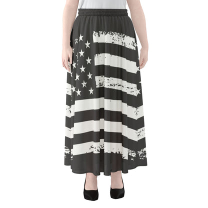 Grey And White American Flag Print Chiffon Maxi Skirt
