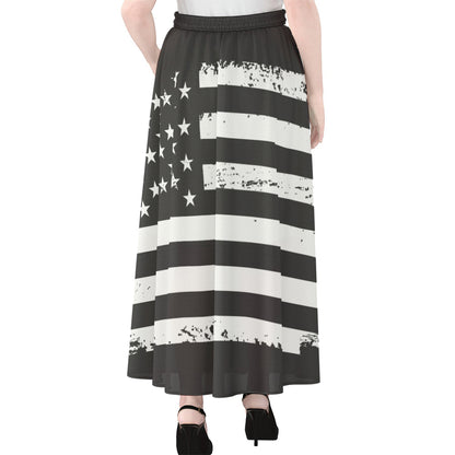 Grey And White American Flag Print Chiffon Maxi Skirt
