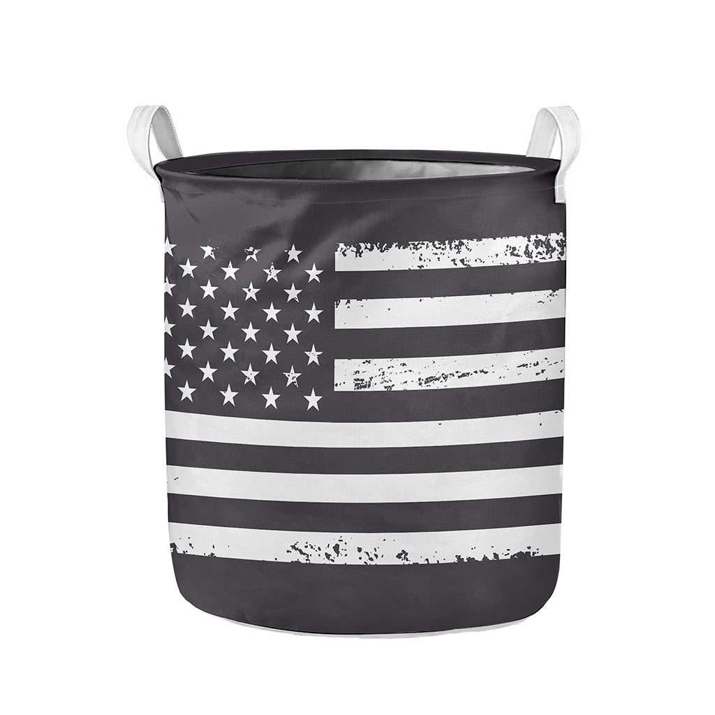 Grey And White American Flag Print Collapsible Laundry Basket