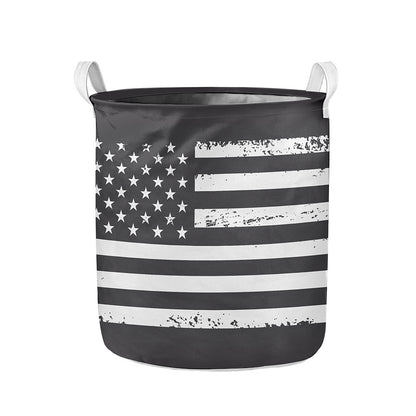 Grey And White American Flag Print Collapsible Laundry Basket