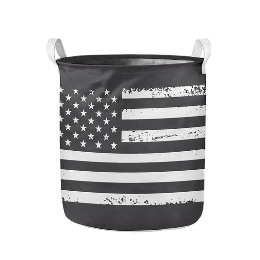 Grey And White American Flag Print Collapsible Laundry Basket