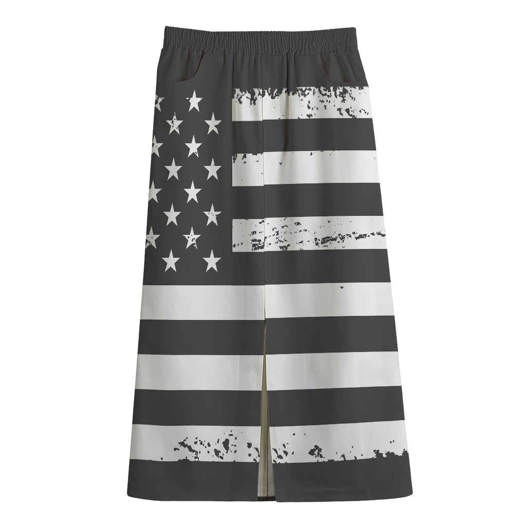 Grey And White American Flag Print Cotton Front Slit Maxi Skirt