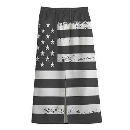 Grey And White American Flag Print Cotton Front Slit Maxi Skirt
