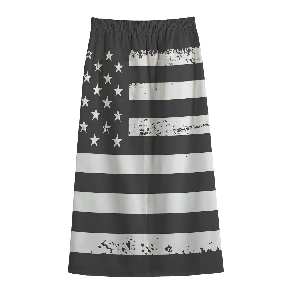 Grey And White American Flag Print Cotton Front Slit Maxi Skirt