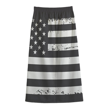 Grey And White American Flag Print Cotton Front Slit Maxi Skirt