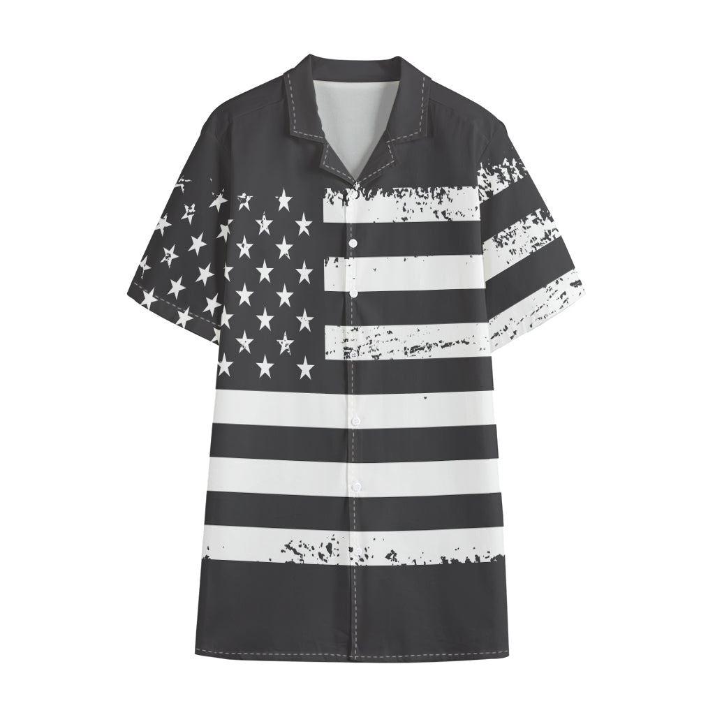Grey And White American Flag Print Cotton Hawaiian Shirt