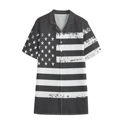 Grey And White American Flag Print Cotton Hawaiian Shirt