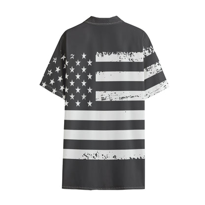 Grey And White American Flag Print Cotton Hawaiian Shirt