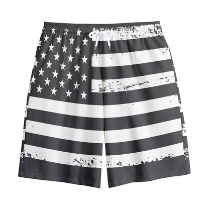 Grey And White American Flag Print Cotton Shorts