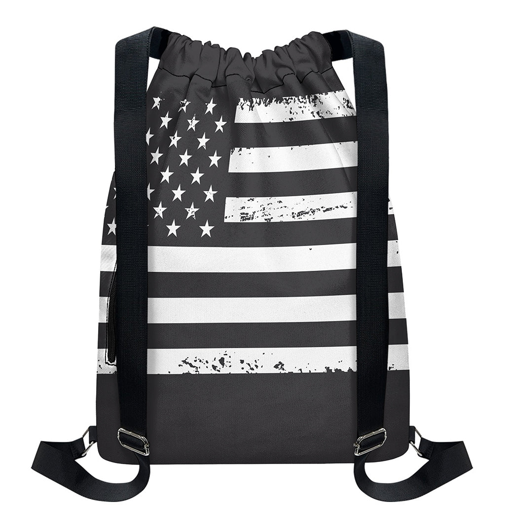 Grey And White American Flag Print Drawstring Backpack