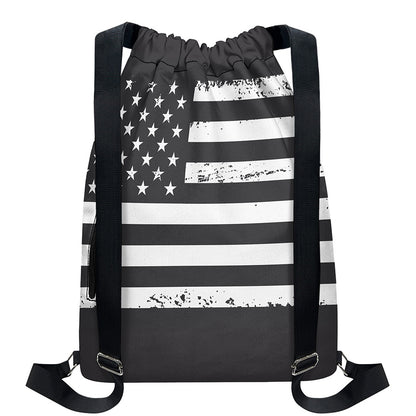 Grey And White American Flag Print Drawstring Backpack