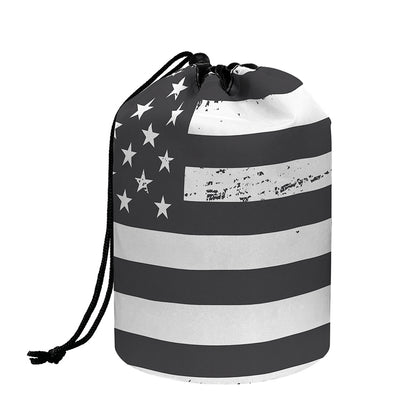 Grey And White American Flag Print Drawstring Makeup Bag