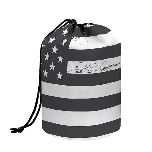 Grey And White American Flag Print Drawstring Makeup Bag