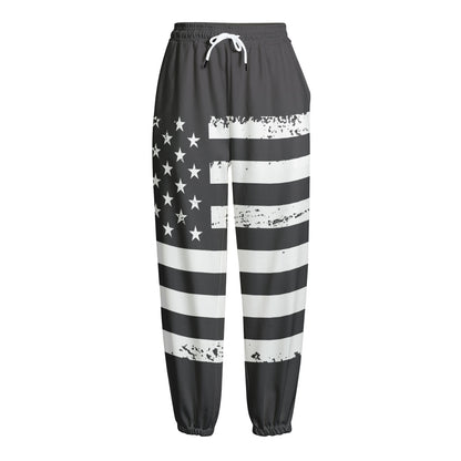 Grey And White American Flag Print Fleece Lined Knit Pants