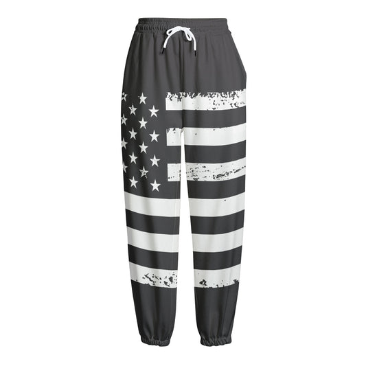 Grey And White American Flag Print Fleece Lined Knit Pants