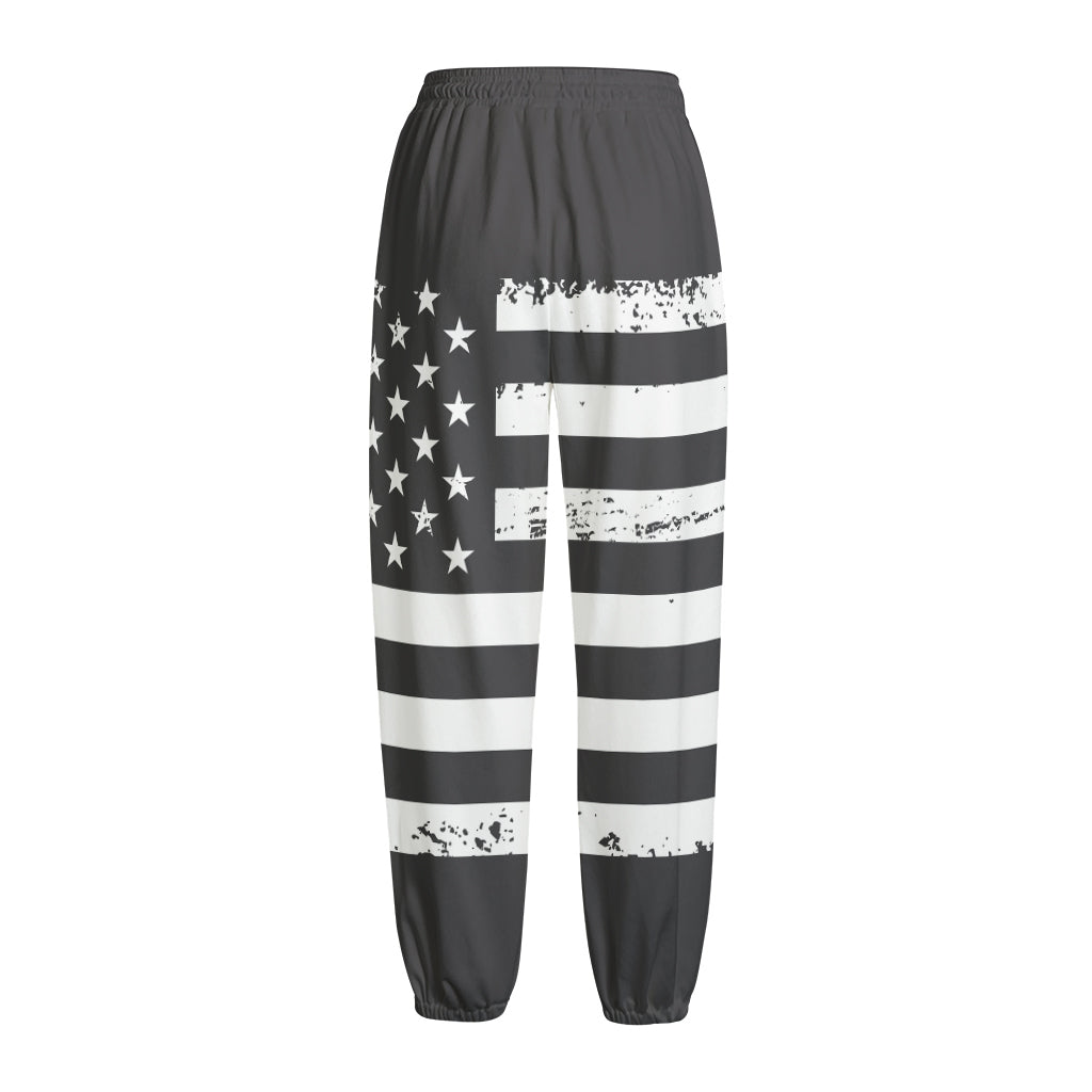 Grey And White American Flag Print Fleece Lined Knit Pants