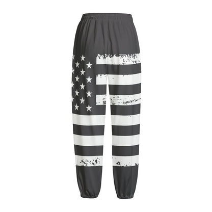 Grey And White American Flag Print Fleece Lined Knit Pants