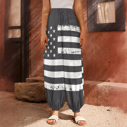 Grey And White American Flag Print Harem Pants