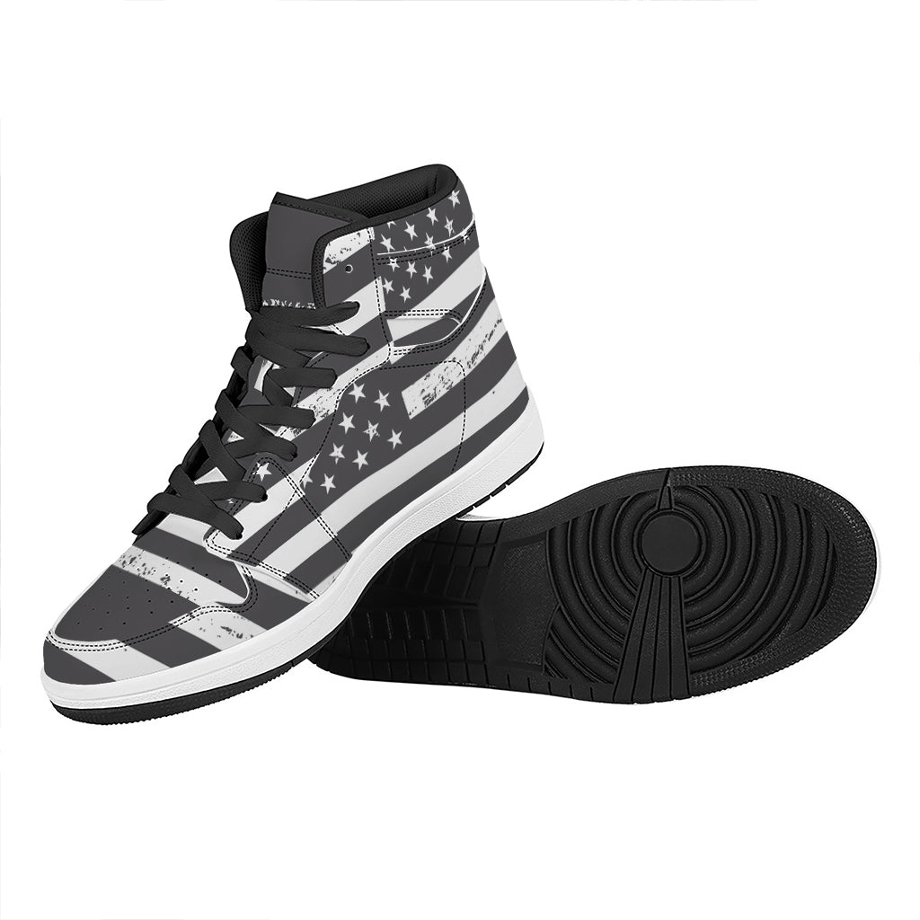 Grey And White American Flag Print High Top Leather Sneakers