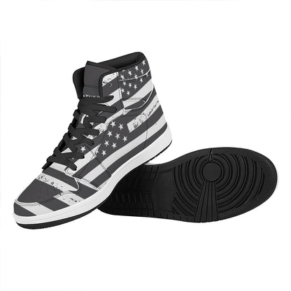 Grey And White American Flag Print High Top Leather Sneakers