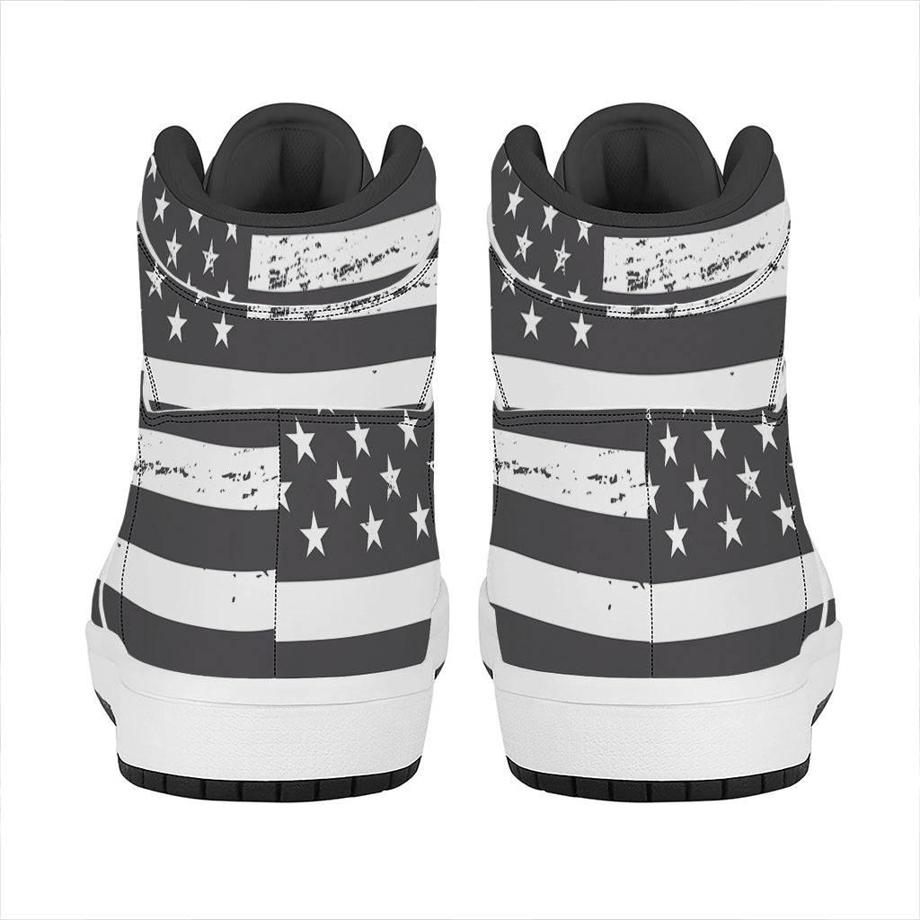 Grey And White American Flag Print High Top Leather Sneakers