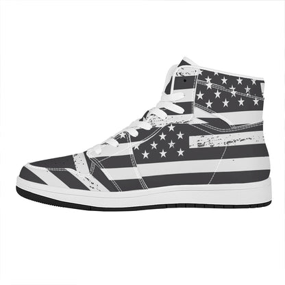 Grey And White American Flag Print High Top Leather Sneakers
