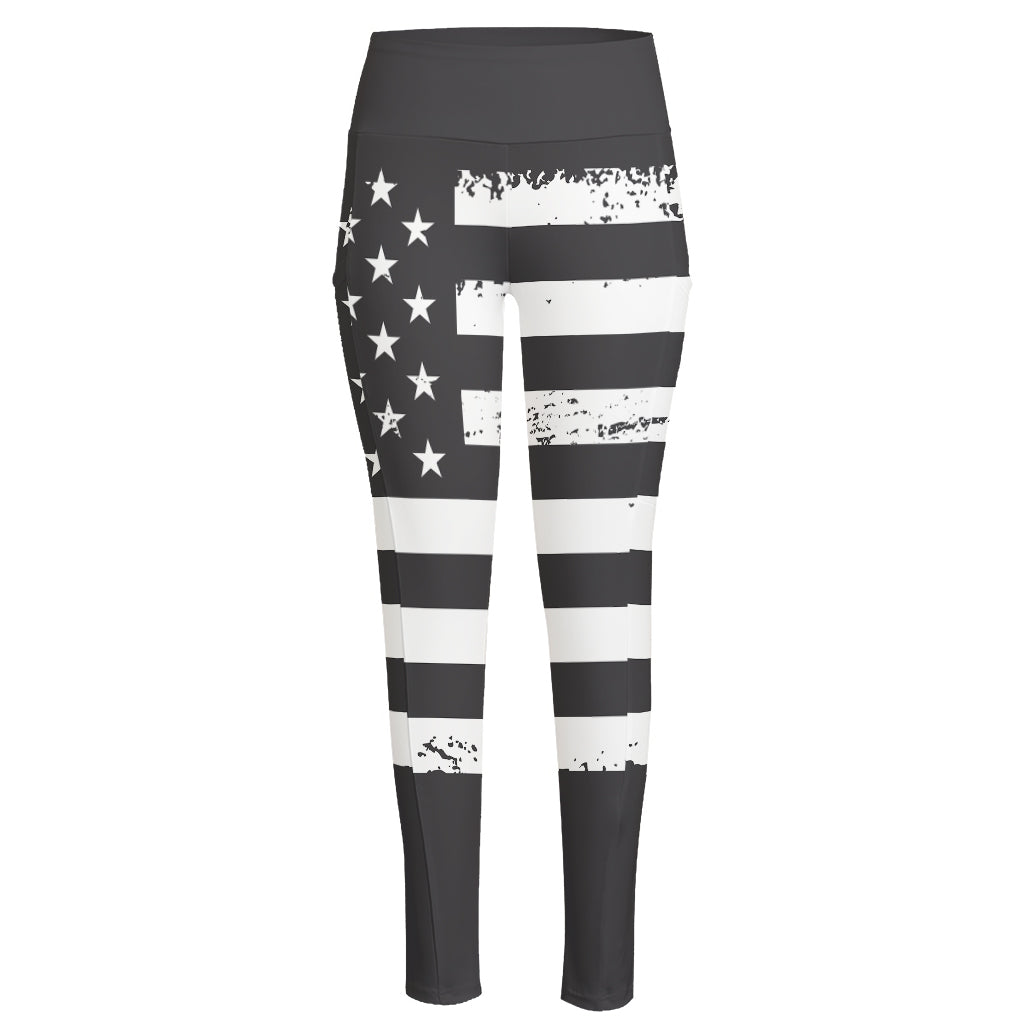 Grey And White American Flag Print High-Waisted Pocket Leggings