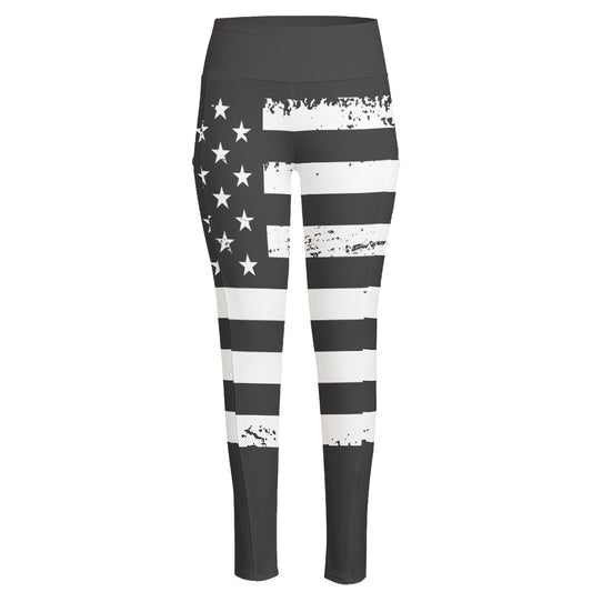 Grey And White American Flag Print High-Waisted Pocket Leggings