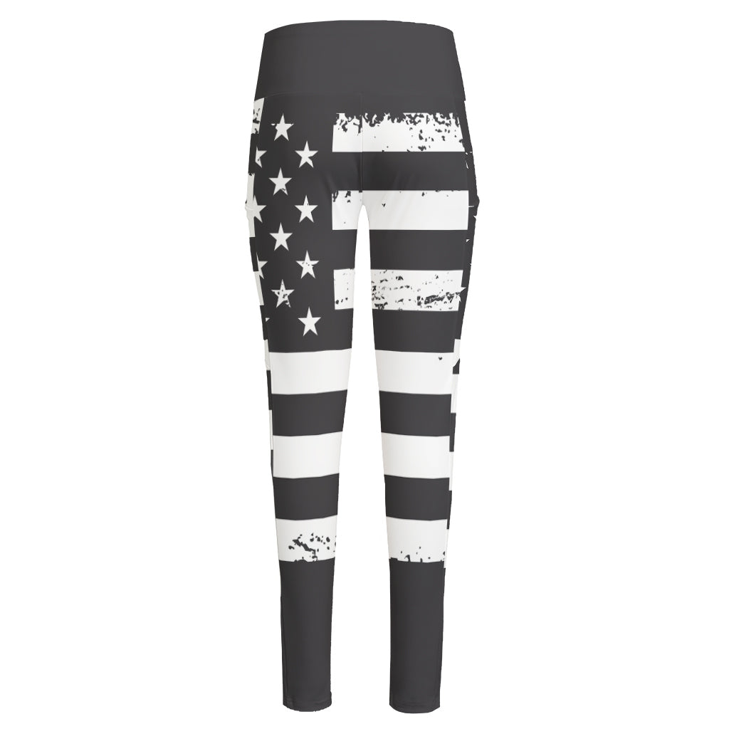 Grey And White American Flag Print High-Waisted Pocket Leggings