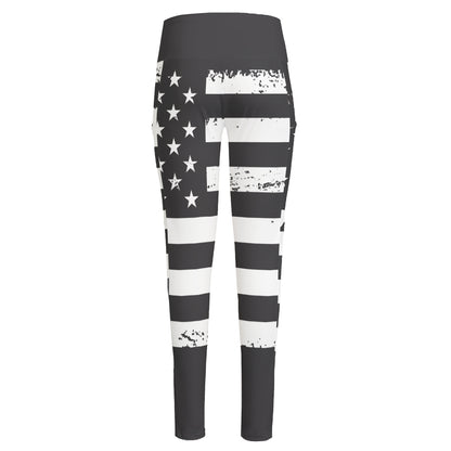 Grey And White American Flag Print High-Waisted Pocket Leggings