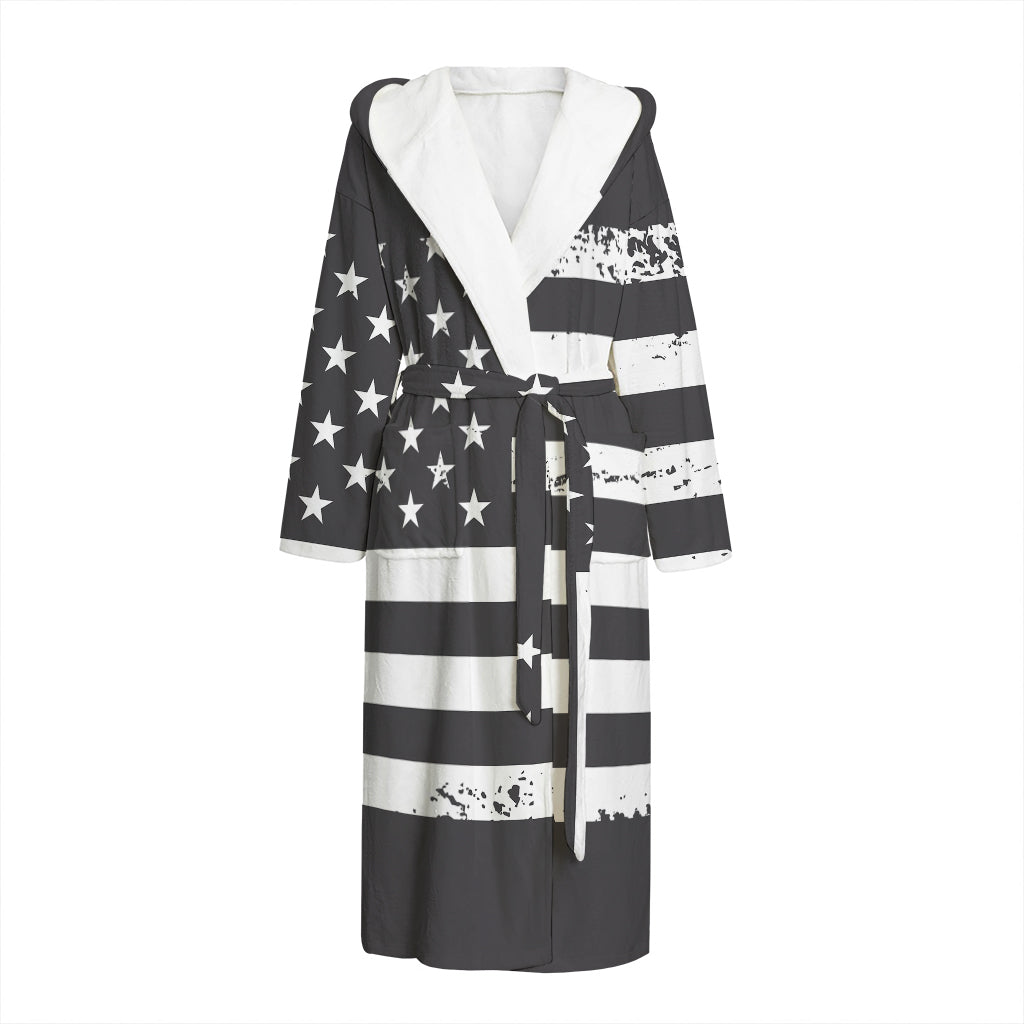 Grey And White American Flag Print Hooded Bathrobe