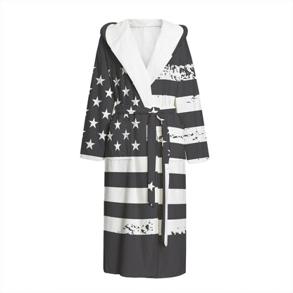Grey And White American Flag Print Hooded Bathrobe