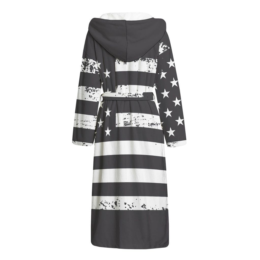 Grey And White American Flag Print Hooded Bathrobe