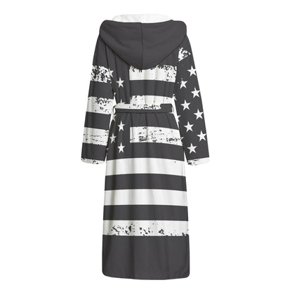 Grey And White American Flag Print Hooded Bathrobe