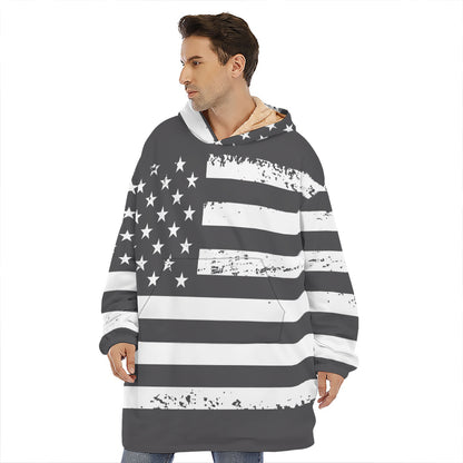 Grey And White American Flag Print Hoodie Blanket