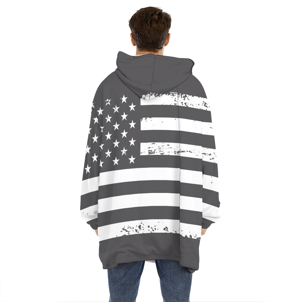 Grey And White American Flag Print Hoodie Blanket
