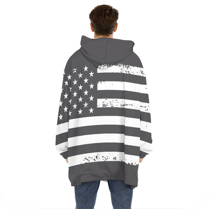 Grey And White American Flag Print Hoodie Blanket