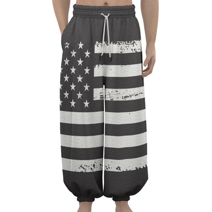 Grey And White American Flag Print Lantern Pants