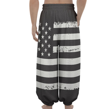 Grey And White American Flag Print Lantern Pants