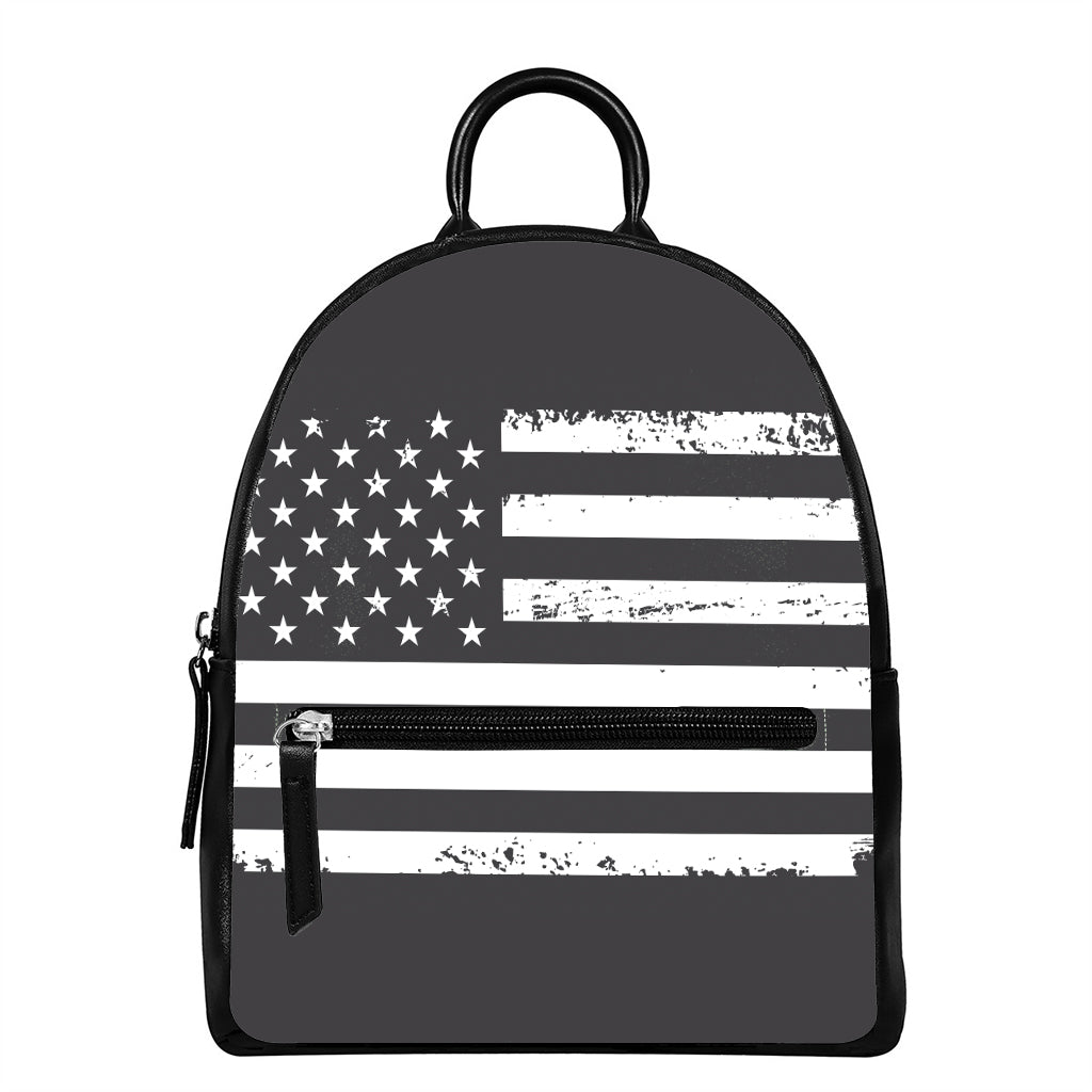 Grey And White American Flag Print Leather Backpack