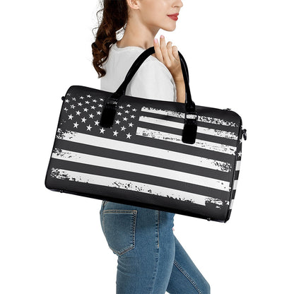 Grey And White American Flag Print Leather Duffle Bag