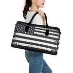 Grey And White American Flag Print Leather Duffle Bag